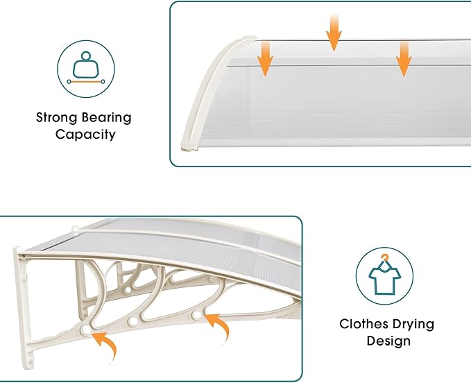 MCombo 115.9" x 37.8" Window Awning Outdoor Polycarbonate Door Shade Patio Cover Canopy, 6055-4012 (Clear Board with White Bracket)