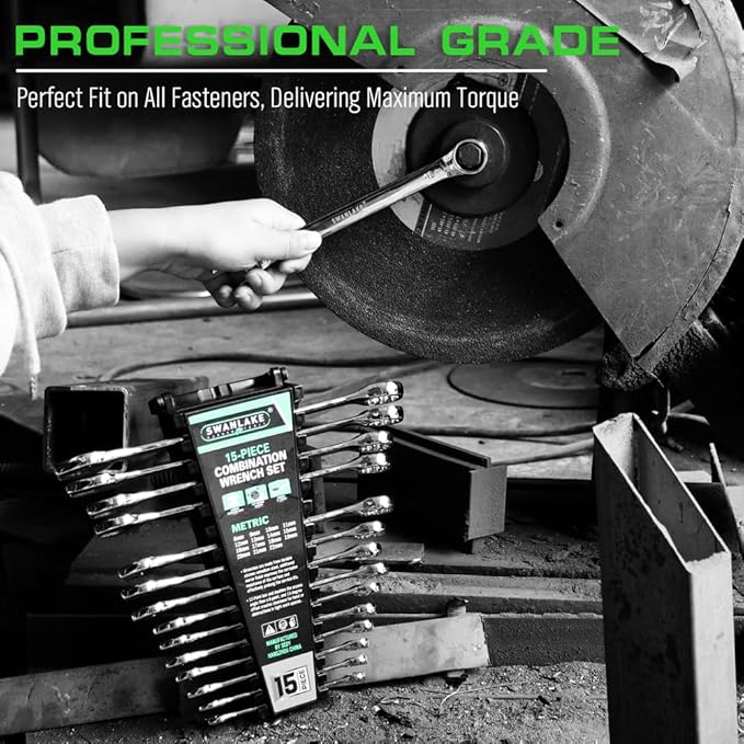 SWANLAKE GARDEN TOOLS 15-Piece Metric Wrench Sets, V Notch Premium Combination Wrench Set Metric 8-22mm, Max Torque, 12-Point, Chrome Vanadium Steel, with Storage Rack