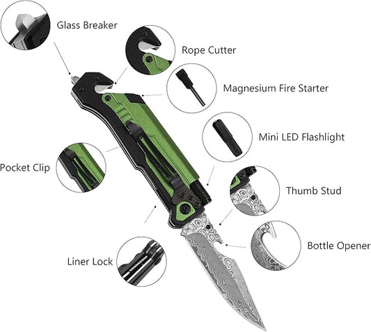 ALBATROSS 6-in-1 Modern Damascus Steel Folding Pocket Knives with LED Light,Seatbelt Cutter,Glass Breaker,Magnesium Fire Starter,Bottle Opener;Multi-Function Emergency Tool(Green-DA)