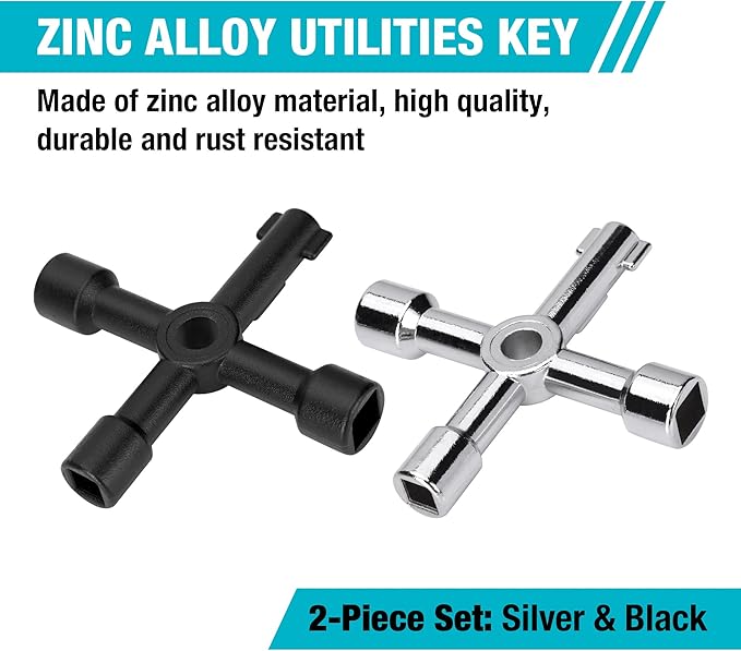 DURATECH 4 Way Utility Key, Multi-functional Water Key Set, 2-Pack, for Valve, Faucet, and Spigots