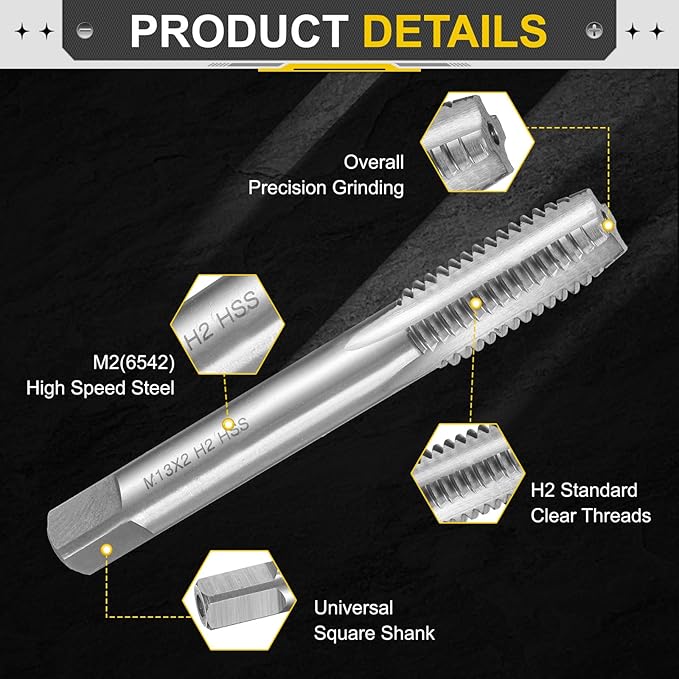 uxcell Hand Plug Tap M13 x 2 H2 Metric Thread Plug Style Taps Straight Flute Screw Tapping Threading Tool High Speed Steel HSS6542