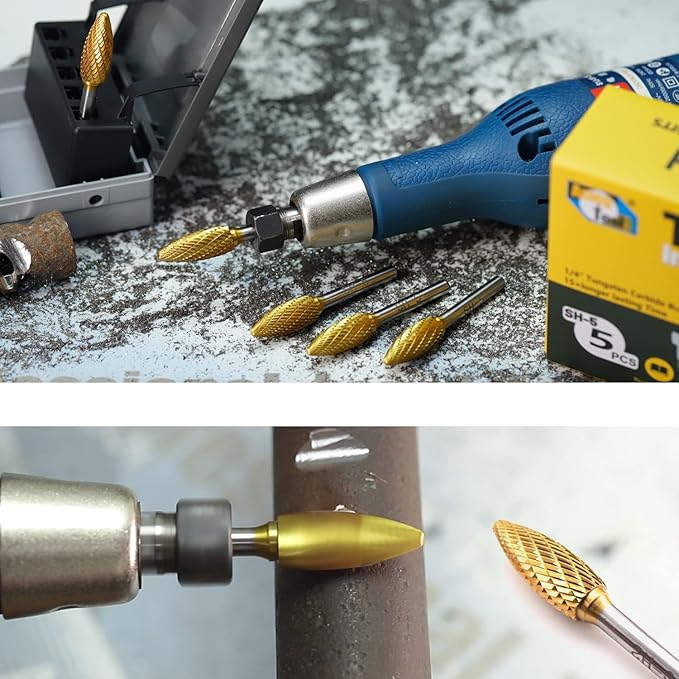 SH-5 5pcs Tungsten Carbide Burr TiN Rotary File Flame Shape Double Cut with 1/4''Shank for Die Grinder Drill Bit
