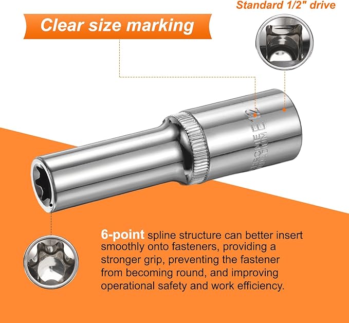 HARFINGTON E-Torx Socket 1/2" Drive E12 Star Female Socket 3.1" Length External Torx Deep Sleeve Chrome Plating 6 Point Spline Sleeve for Auto Repairs Home Maintenance