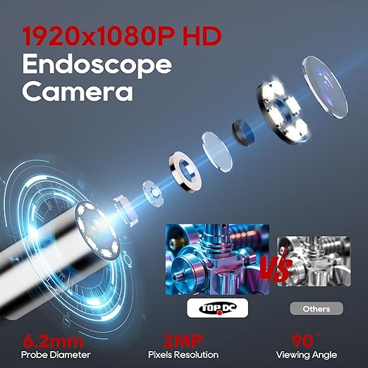 TOPDC Two-Way Articulating Borescope Camera with Light, Industrial Endoscope with 0.24in Articulating Snake Camera, 1920P HD Video Inspection Scope for Automotive & Aircraft Mechanics, 6.5ft