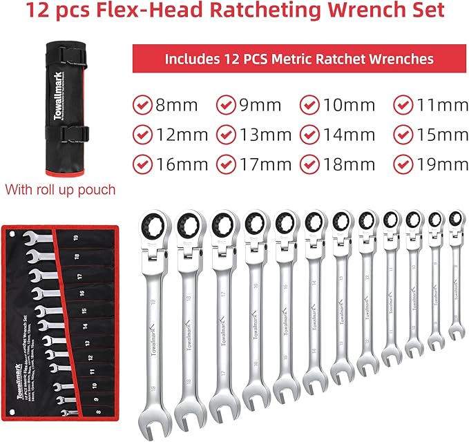 Festisoul 14-Piece Metric Ratcheting Wrench Set, 6-19mm Non-Reversible Fixed Head, Chrome Vanadium Steel with Roll-Up Pouch for Automotive, Garage, and Home Repair