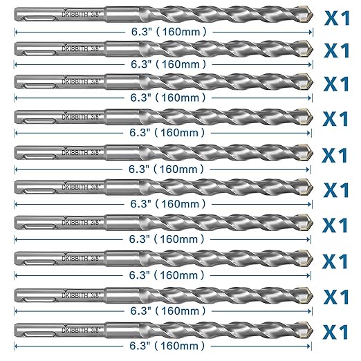 10-Piece 3/8" SDS Plus Drill Bits Rotary Hammer Drill Bit Set, Carbide Tipped for Drilling Concrete Cement Porcelain Tiles Ceramic Pots Stone Brick, Diameter 10mm, 160mm Long, SDS Plus Shank.