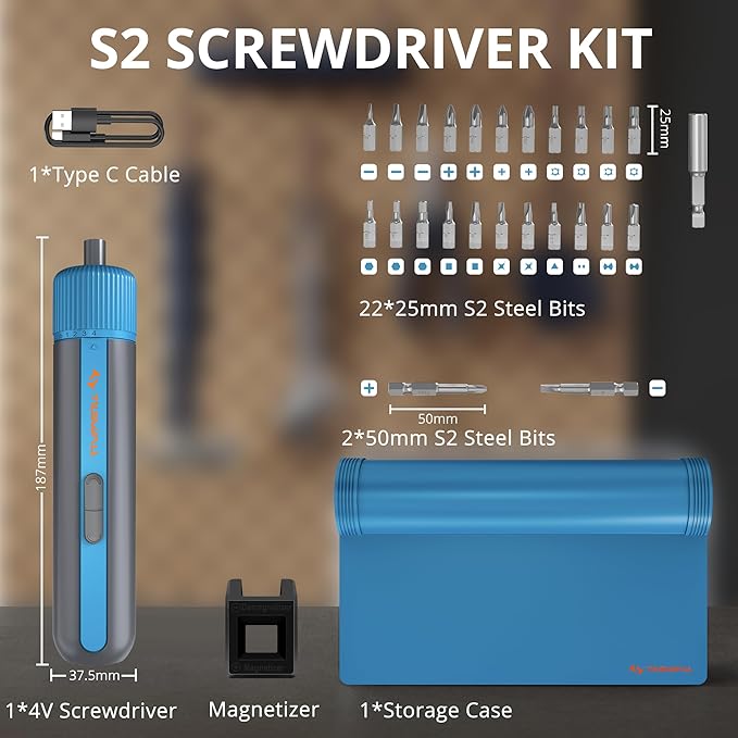 Tilswall 4V Electric Screwdriver Cordless, 10N.m High Torque /260 RPM, Cordless Screwdriver with 4-Level Control, 2200mAh USB-C Fast Charging, with 25pc S2 Steel Bits for DIY and Home Repairs (Blue)