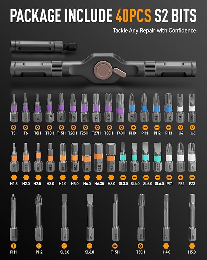 KELIN Magnetic Ratchet Screwdriver Set, 43 in 1 T Handle Ratchet Screwdriver Kits with S2 Steel Bits, Ratcheting Screwdriver for Home Daily Repair, DIY Projects, Ideal Gift for Men Husband (Orange)