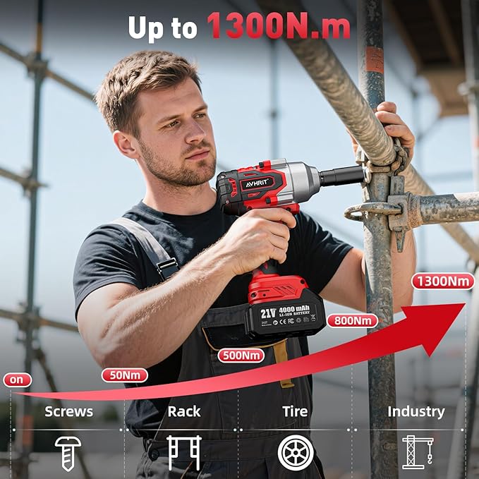 Avrhit 1300N.m(960ft-lbs) Cordless Impact Wrench, Electric Impact Gun 1/2 Inch, 2200RPM Power, 2x 4.0Ah Batteries, High Torque Impact Driver for Car/Truck RV/Mower