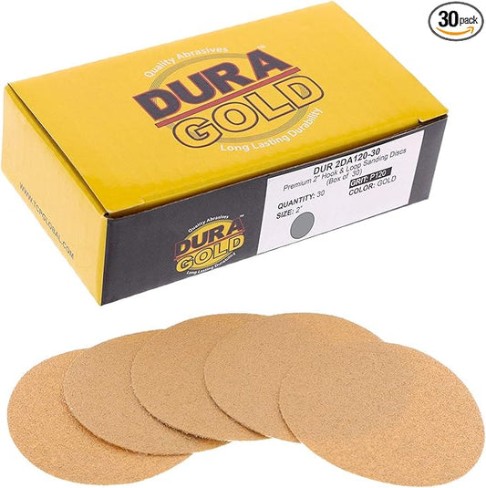 Dura-Gold Premium 2" Gold Hook & Loop Sanding Discs - 120 Grit (Box of 30) - High-Performance Extra Coarse Cut Abrasive Sandpaper Discs - for DA Sanders Drill, Sand Automotive Paint, Woodworking Wood