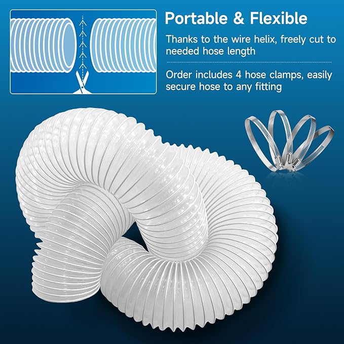 Hon&Guan 4" x 10' Dust Collection Hose, 4 Inch Dust Collector Hose for Woodworking Dust Collecting System, Flexible Clear PVC Dust Hoses with Carbon Steel Wire