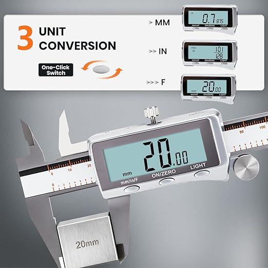 HARDELL Digital Caliper, Rechargeable Caliper Measuring Tool with Backlight LCD Screen, All Metal Calipers, Auto-Off Digital Micrometer, Inch/MM/Fraction for Household/3D-Printing-Rechargeable 6 Inch