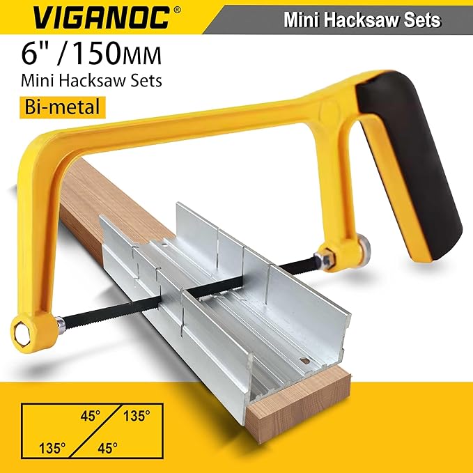 6-inch Mini Hacksaw and Miter Block Set - 150 mm Cutting Hand Saw with 5Pc Bi-metal Blades