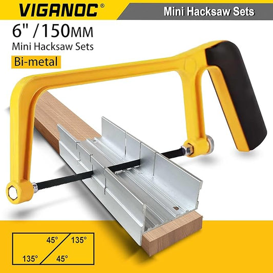6-inch Mini Hacksaw and Miter Block Set - 150 mm Cutting Hand Saw with 5Pc Bi-metal Blades