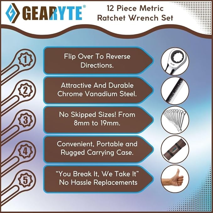 GEARYTE Ratcheting Wrenches - 12-Piece Ratchet Wrench Set Metric, Durable Speed Wrench Set 8-19mm, Made from Chrome Vanadium Steel, 72-Point, Includes Roll Up Case, Silver