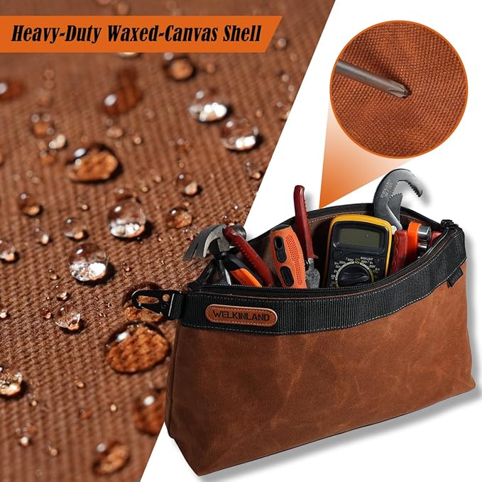 WELKINLAND 2-Pack Heavy-Duty Waxed Canvas Tool Pouches, 14-Inch Zippered Tool Organizer Pouches with Water-Resistant Coating and Durable Canvas Construction