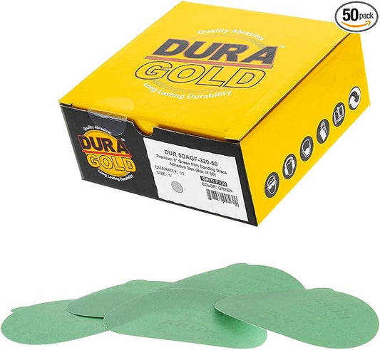 Dura-Gold Premium 5" Green Film PSA Sanding Discs - 320 Grit (Box of 50) - Film Back Self Adhesive Stickyback Sandpaper Discs for DA Sanders, Fast Cut Abrasive - Sand Automotive Paint Woodworking Wood