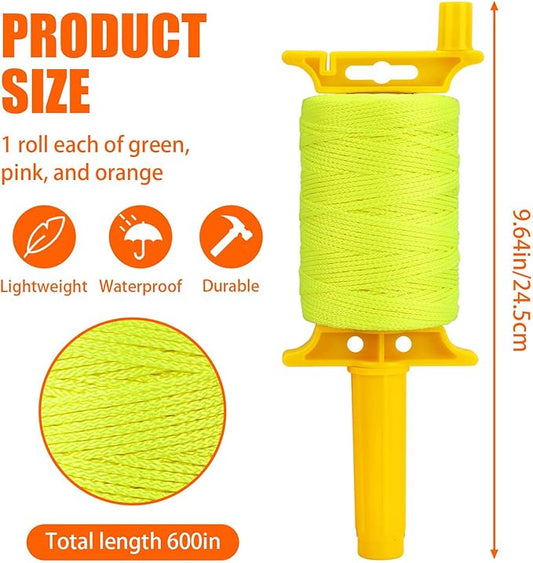 3 Reels of 18 Braided Mason Line String with Handle, Total 150 Ft Nylon Twine, Masonry Construction String for Alignment, Precision Leveling Work, DIY & Gardening (Orange, Pink, and Green)