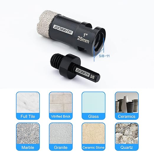 DKIBBITH 1 Inch Dry Diamond Core Drill Bits, 25mm Tile Vacuum Brazed Angle Grinder Hole Saw for Porcelain Ceramic Granite Brick Concrete with 5/8-11 Thread to 3/8??Hex Shank Adapter, Black