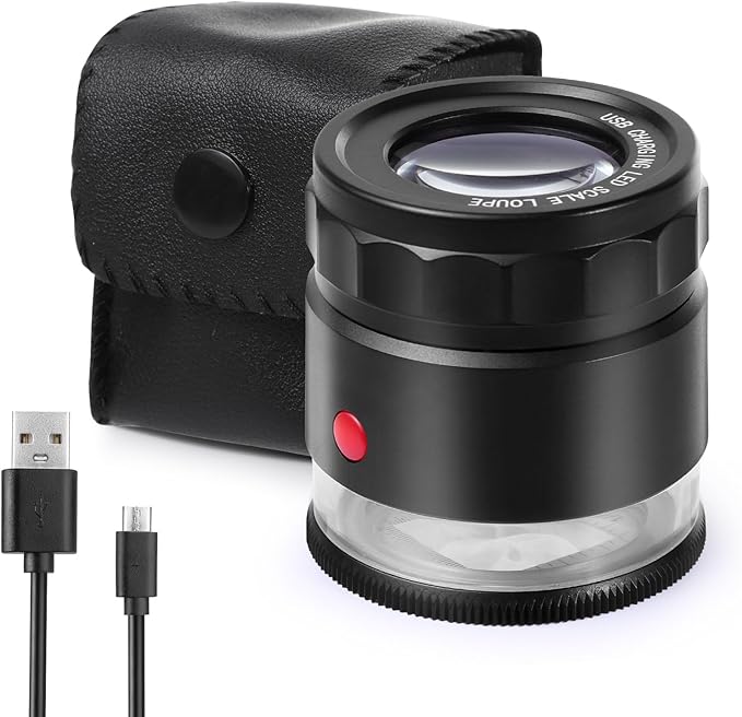 30X Loupe Magnifier, USB Rechargeable 8 Lights Portable Eye Loupe Sewing Magnifying Glass for Watches, Jewelry, Coins, Currency, Stamps