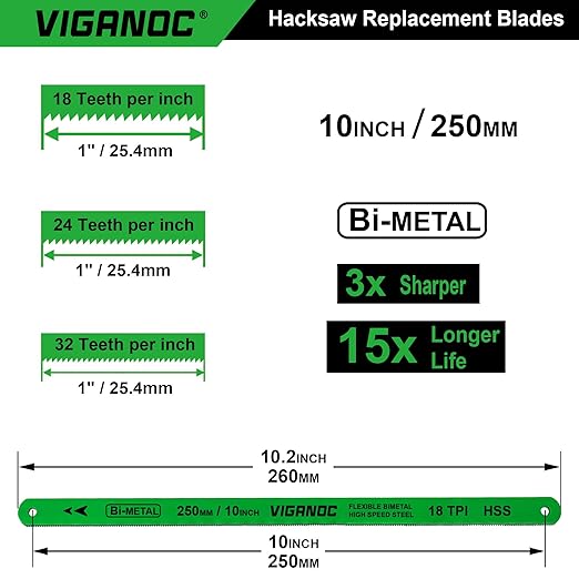 10" Hacksaw Replacement Blades Set, Bi-Metal High Speed Steel Hack Saw Blade Sets - 18T - 24T - 32T HSS Saw Blades, 10 Pack