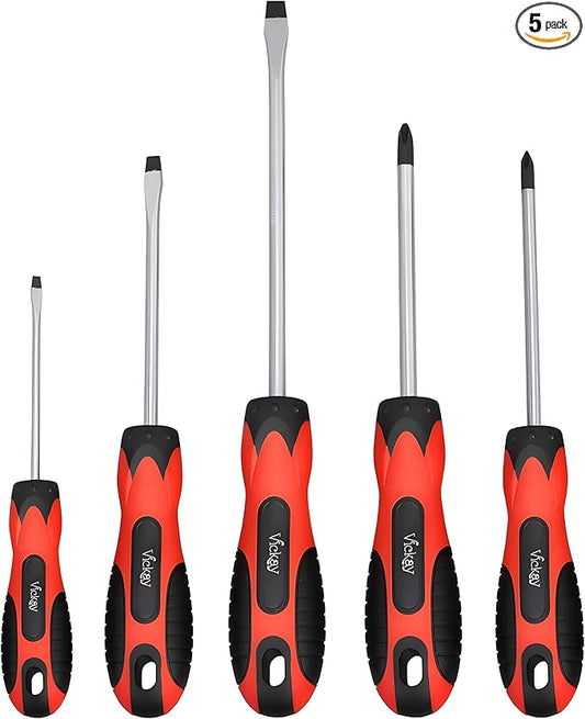 Vickay Screwdriver Set, Permanent Magnetic Precision Tips, Rust Resistant Heavy Duty shank Toolkit for men Repairing, Slotted & Phillips Screwdriver, Ergonomic Comfortable Non-skid Handle, 5 Pieces