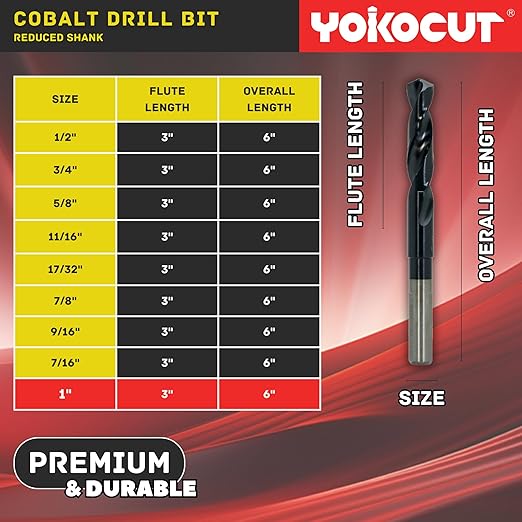 1 Inch Cobalt Drill Bit | Reduced Shank High Speed Steel | Drill Bit for Stainless Steel and Hardened Metal | HSS M35 Titanium Aluminum Nitride Coating with 1/2" Shank