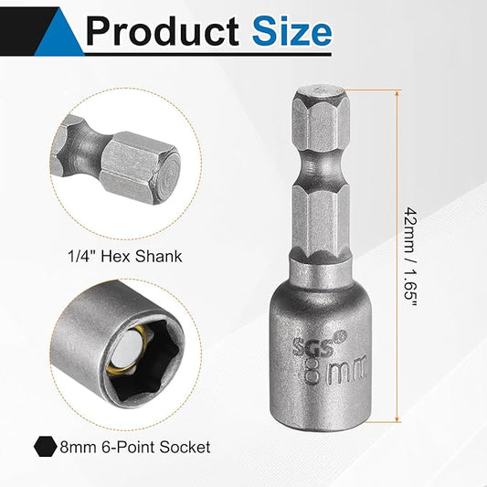HARFINGTON Nut Driver Drill Bit 8mm Metric Socket 1/4" Hex Shank 1.65" (42mm) Long Magnetic 6-Point Sockets Quick Change CR-V Steel Bolt Setters for Power Drill Drivers