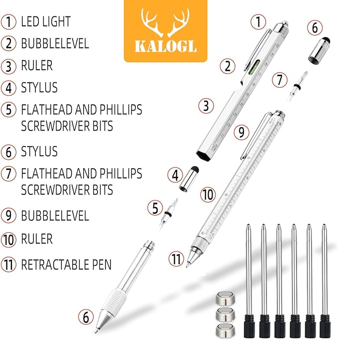 Gifts for Dad Men Him,2 Pack Multitool Pen,Multi-tool Pen with [Stylus, Ballpoint Pen, 6 refills, 4" Ruler, Level, Phillips Screwdriver,LED] (Silver)