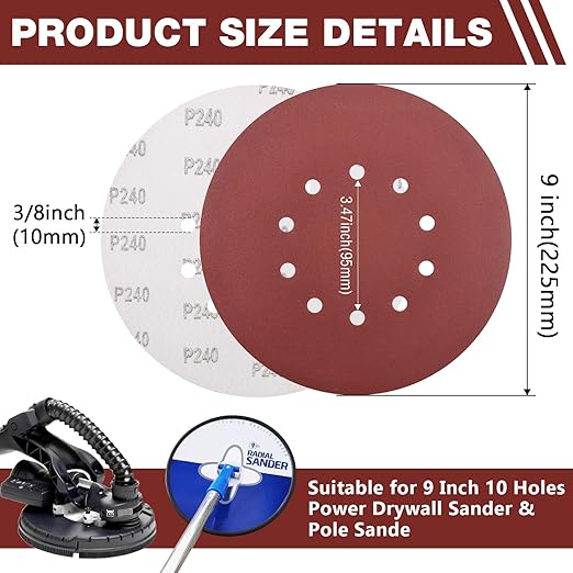 50 Pack 9-Inch 10-Hole Hook-and-Loop Sanding Disc, 240 Grit Aluminum Oxide Drywall Sandpaper for ??" Drywall Sander Pads, Finishing Ceiling Wood Floor
