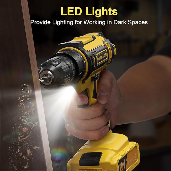 Cordless Drill Set, VIWKO 20V Power Drill with Power Pack 2.0Ah and Charger, 3/8-Inch Keyless Chuck Electricdrill, 25+1 Torque, 42pcs Drilldriver Bits/Screws for DIY Projects (Yellow)