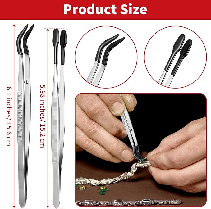 2Pcs Tweezers With Rubber Tips Silicone Tipped Tweezers Pvc Rubber Coated Tweezer Set Non Marring Tweezers Flat Tip Long Tweezer Stamp Coins Jewelry Crafts Industrial Electronic Tweezer Tools (Black)