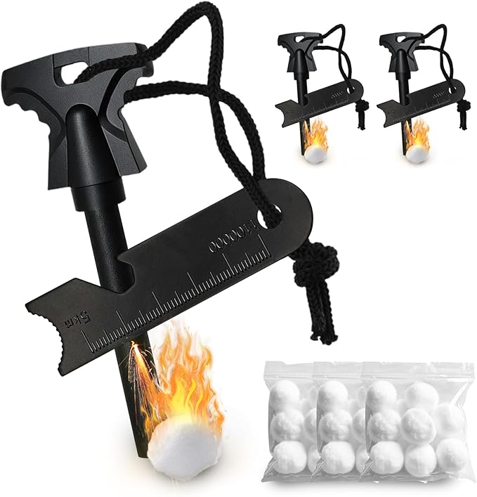 3PCS Magnesium Fire Starter with Striker, High Temp Magnesium Rod, Ferro Rod Fire Starter Survival Tool with 30Pack Waterproof Tinder and Steel Fire Striker for Camping, Hiking and Emergency