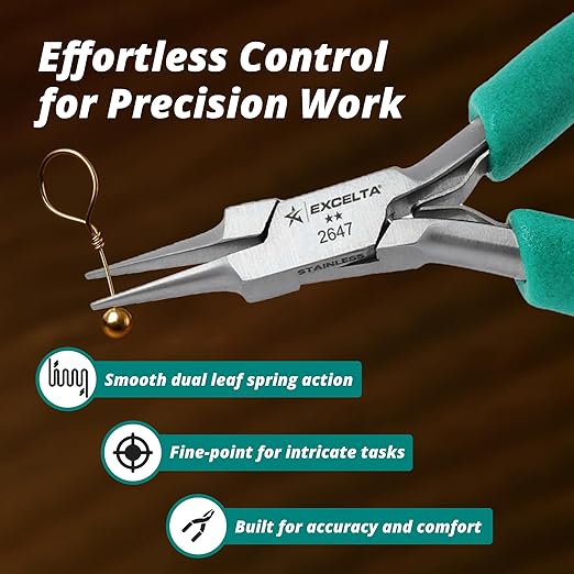 Excelta Precision Stainless Steel Needle Nose Pliers, 4.75 Inch, Cushioned Anti-Static Grip, Rust-Resistant, For Jewelry Making, Electronics Repair, Model Building, Beading, and Detailed Craft Work