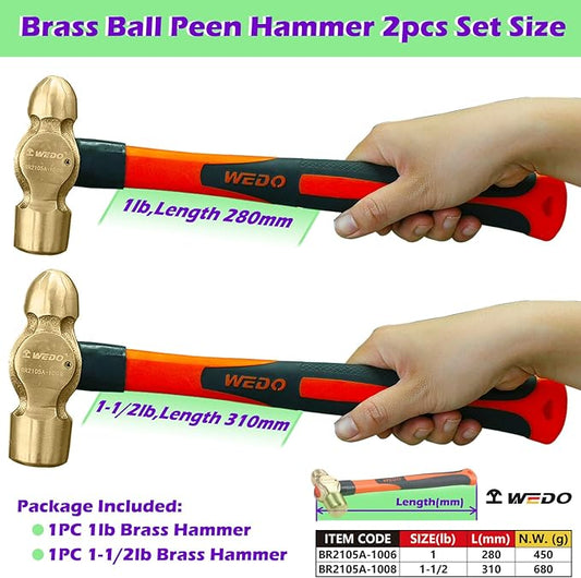 WEDO 2PCS Brass Ball Peen Hammer Set, 16 oz+24 oz(1lb+1-1/2lb), Brass Ball Pein Hammer Set with Fiberglass Handle, Die-Forged, Corrosion Resistant, DIN Standard