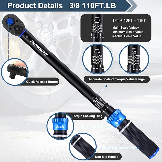 1/2 3/8 inch Drive Click Torque Wrench Set,2 Pcs Torque Wrenches 10-170 FT.LB/13.6-230.5Nm,10-110 FT.LB/13.6-149.2Nm,짹3% High Accuracy Torquimetro for Bike, Moto and Car Repair