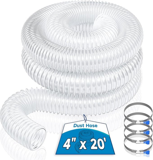 Hon&Guan 4" x 20' Dust Collection Hose, 4 Inch Dust Collector Hose for Woodworking Dust Collecting System, Flexible Clear PVC Dust Hoses with Carbon Steel Wire