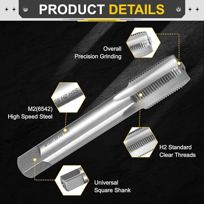 uxcell Hand Plug Tap M16 x 1.25 H2 Metric Thread Plug Style Taps Straight Flute Screw Tapping Threading Tool High Speed Steel HSS6542