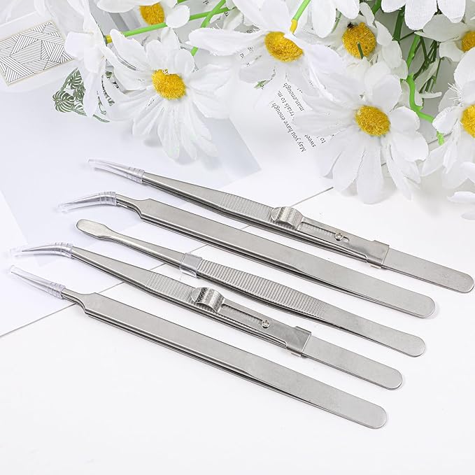 Precision Tweezers Set, 5 Pcs Anti-Static Stainless Steel Long Tweezers Thin Soldering Tweezer Curved of Tweezer for Craft, Electronics, Soldering, Jewelry Making, Laboratory Work