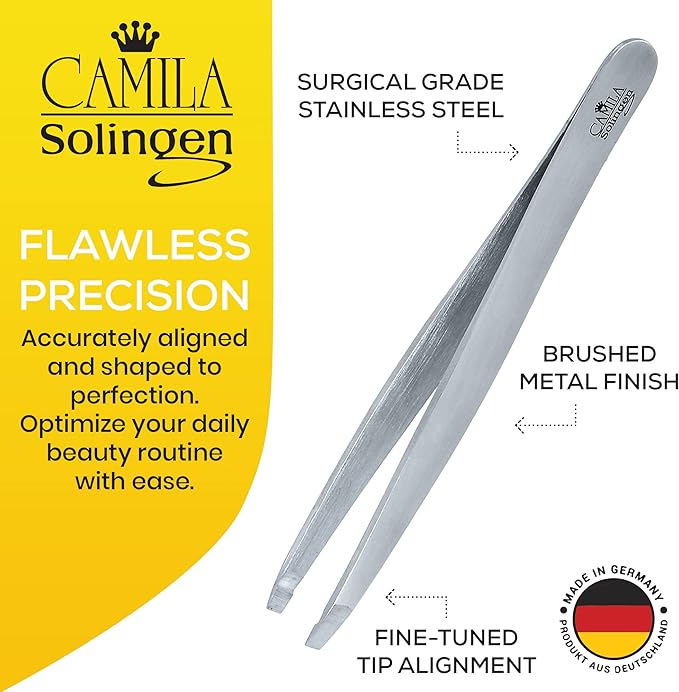 CS26 4" Professional Surgical Grade Stainless Steel Precision Tip Eyebrow Tweezers for Facial Hair Shaping & Removal. Beauty Tool for Men/Women. Made in Solingen Germany (Straight)
