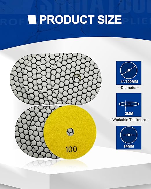 SHDIATOOL 4-Inch Dry Diamond Polishing Pads Grit 100 Diamond Sanding Pads Grinding Pads for Granite Marble Stone 7Pcs/1set