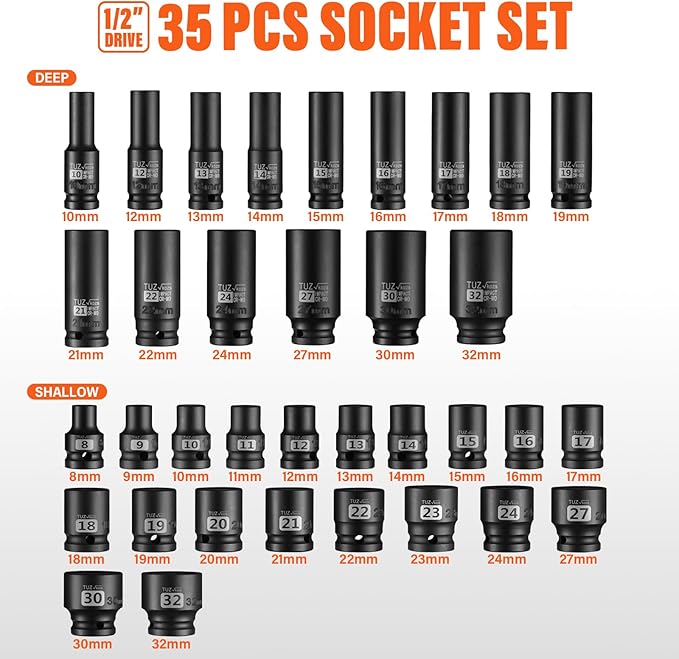 Hex Bit Socket Set 1/2 Drive,35 PCS Axle Nut Socket,Metric Shallow(8mm-32mm) & Deep(10-32 mm) Standard Sizes,CR-MO Alloy Steel for Auto Repair