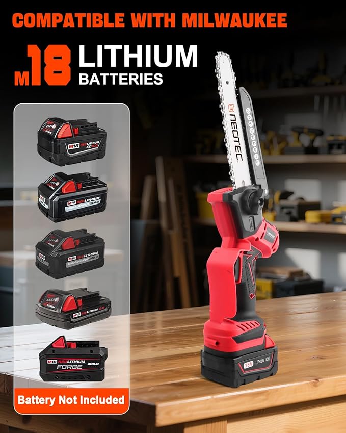 Mini Chainsaw Fits for Milwaukee M18 Battery, NEOTEC 6 Inch & 8 Inch Cordless Electric Chainsaw with Auto Oiler & Tool-Free Tensioner, Brushless Saw for Tree Trimming, Branch Pruning (No Battery)