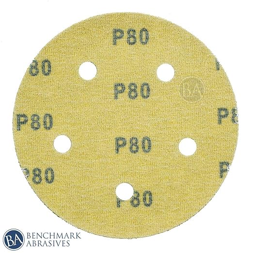 Benchmark Abrasives 5 Inch Sanding Discs Hook and Loop, Aluminum Oxide Stearated Gold 5 Holes Adhesive Sandpaper Surface Blending, Automotive Orbital Sander Sandpaper (50 Discs), Mixed Low Grits