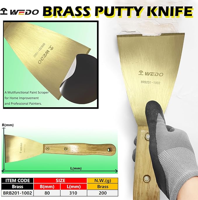 WEDO Brass Putty Knife,3" Paint Scraper,Length 12",Safety Scraper Tool,Spackle Knife,Long Wood Handle,Brass Material,Taping Knife Tool for Repairing Drywall, Removing Wallpaper, Applying Putty