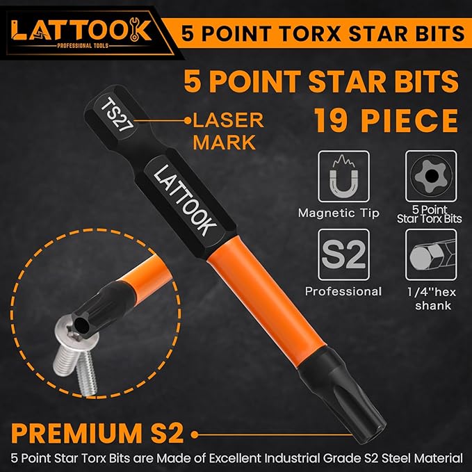 19-Pieces 5 Point Star Torx Bit Set, LATTOOK Security Tamper Proof Torx Driver Bit Set, Magnetic S2 Steel, 2.3'' & 1'' Long, T10, T15, T20, T25, T27, T30, T40, T45, T50