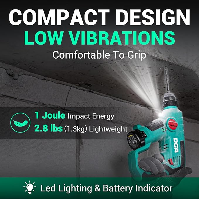 DCA 12V Cordless Drill Set SDS-Plus Hammer Drill, 1J 3-IN-1 Power Drill with Variable Speed, 2*2.0Ah Battery, 0-900 RPM/5600 BPM, with 3/8" Drill Chuck, 4 Drill Bits for Concrete, Brick, Metal, Wood