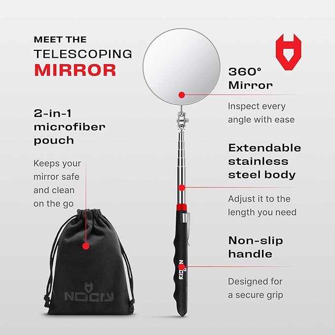 NoCry Heavy Duty Telescoping Inspection Mirror ??3.23 Inch Round Mirror on a Stick; 2-in-1 Storage Pouch; Extendable Mirror up to 30in; Non-Slip Handle; 360째 Inspection Mirror Telescoping Swivel Head