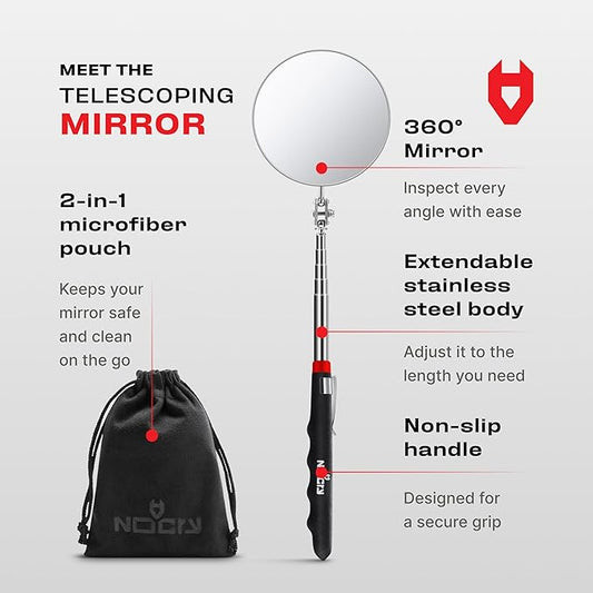 NoCry Heavy Duty Telescoping Inspection Mirror ??3.23 Inch Round Mirror on a Stick; 2-in-1 Storage Pouch; Extendable Mirror up to 30in; Non-Slip Handle; 360째 Inspection Mirror Telescoping Swivel Head