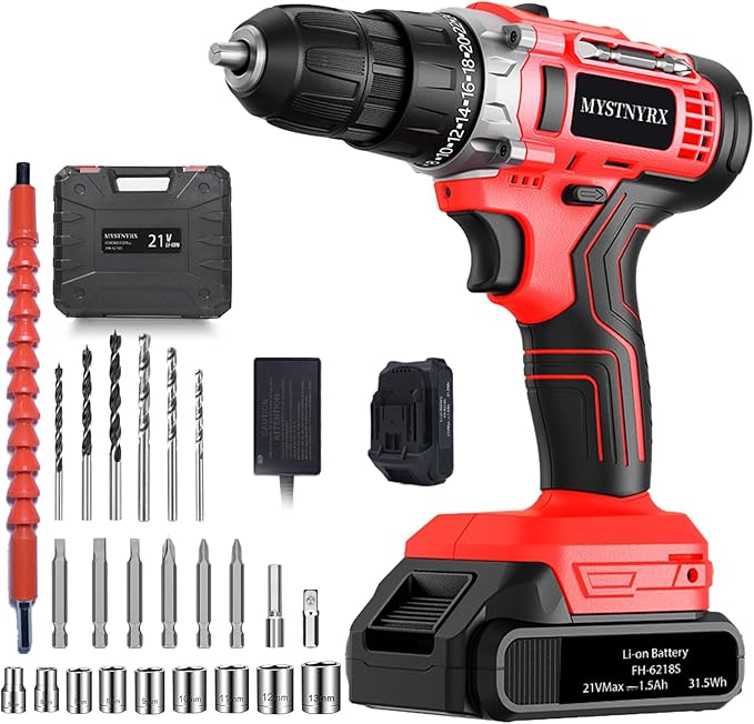 21V MAX Cordless Drill/Driver Kit, 2 Batteries and Charger, 26 Accessories, 3/8-Inch Keyless Chuck, 2 Variable Speed, 24+1 Position, LED Light, Toolbox